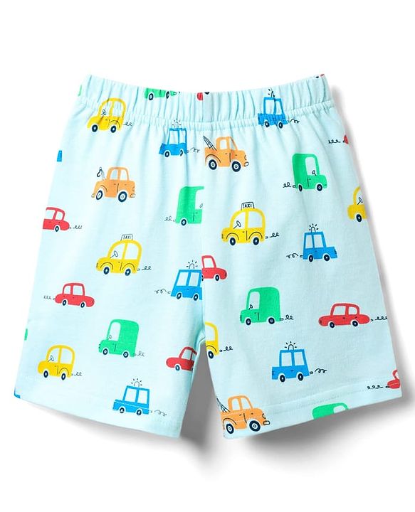 Babyhug Cotton Knit Half Sleeves Co-ords Shorts Night Suit With Vehicle Print - Light Blue
