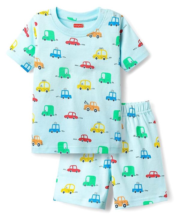 Babyhug Cotton Knit Half Sleeves Co-ords Shorts Night Suit With Vehicle Print - Light Blue