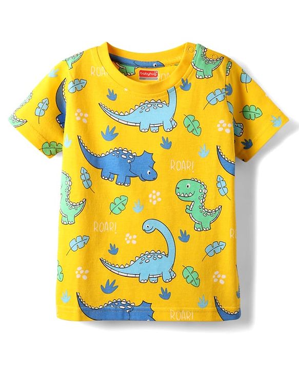 Babyhug Cotton Knit Half Sleeves Shorts Co-Ord Night Suit With Dino Print - Yellow