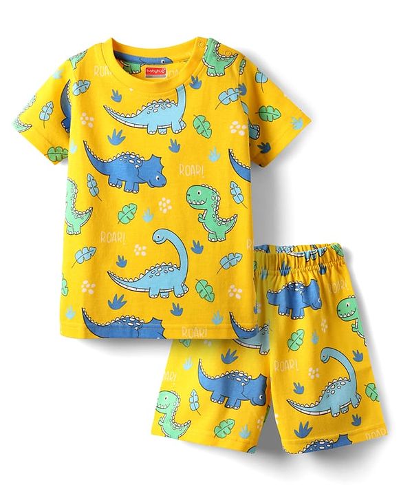 Babyhug Cotton Knit Half Sleeves Shorts Co-Ord Night Suit With Dino Print - Yellow