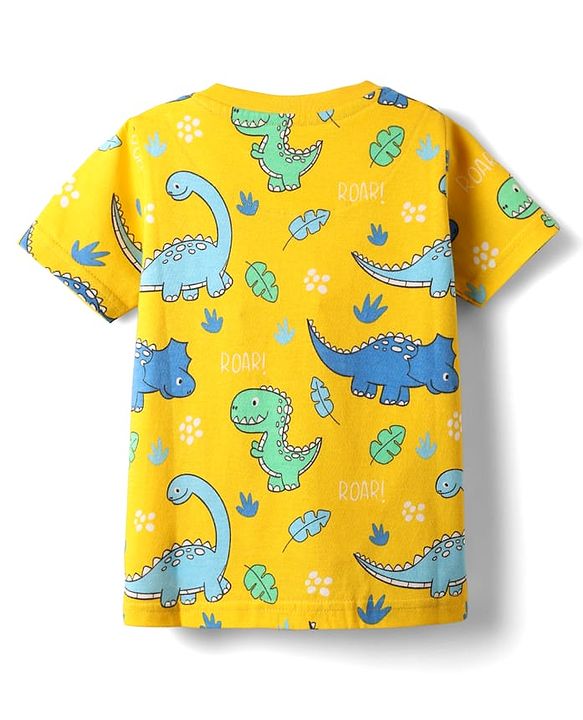 Babyhug Cotton Knit Half Sleeves Shorts Co-Ord Night Suit With Dino Print - Yellow