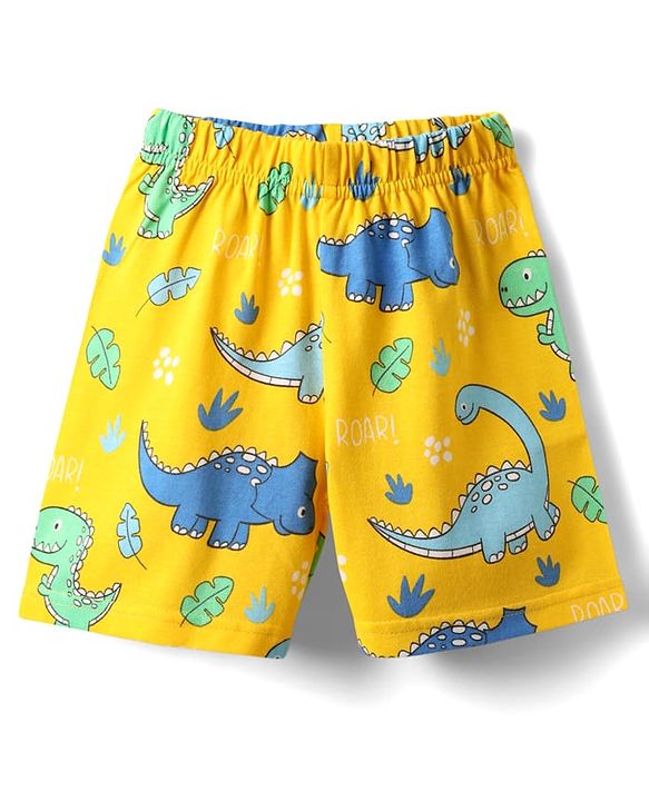Babyhug Cotton Knit Half Sleeves Shorts Co-Ord Night Suit With Dino Print - Yellow