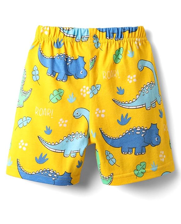 Babyhug Cotton Knit Half Sleeves Shorts Co-Ord Night Suit With Dino Print - Yellow