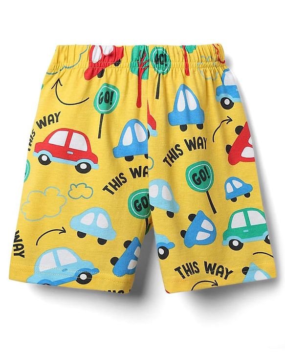 Babyhug Cotton Knit Half Sleeves Co-ords Shorts Night Suit With Vehicle Print - Yellow