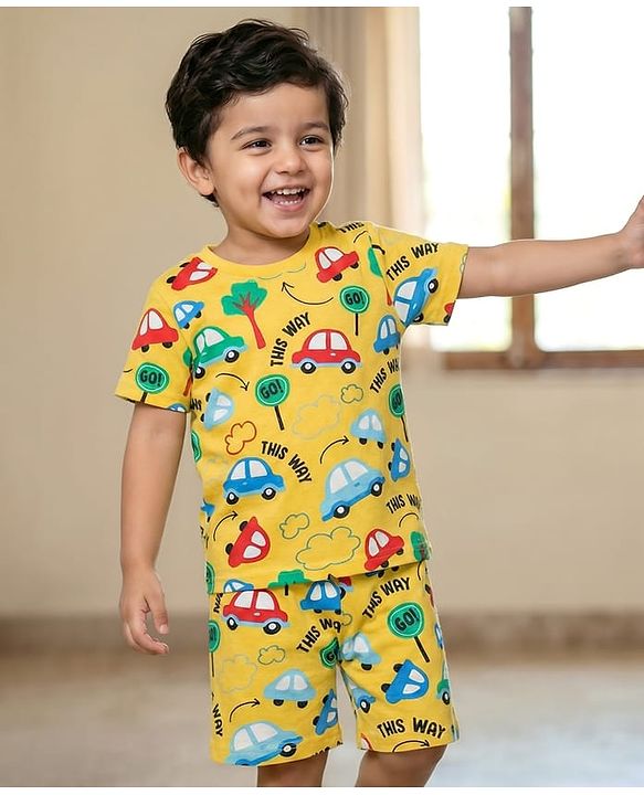 Babyhug Cotton Knit Half Sleeves Co-ords Shorts Night Suit With Vehicle Print - Yellow