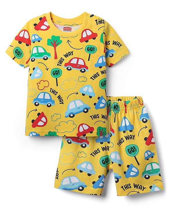 Babyhug Cotton Knit Half Sleeves Co-ords Shorts Night Suit With Vehicle Print - Yellow