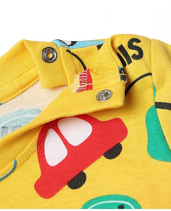 Babyhug Cotton Knit Half Sleeves Co-ords Shorts Night Suit With Vehicle Print - Yellow