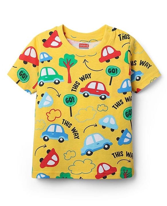 Babyhug Cotton Knit Half Sleeves Co-ords Shorts Night Suit With Vehicle Print - Yellow