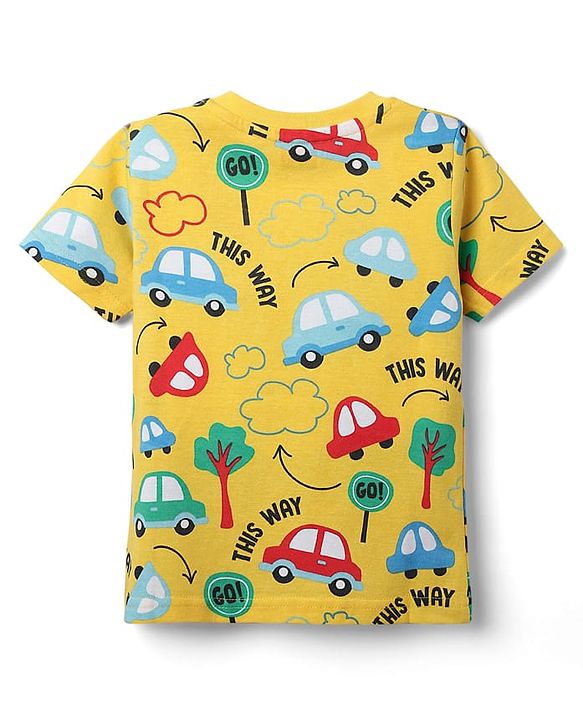 Babyhug Cotton Knit Half Sleeves Co-ords Shorts Night Suit With Vehicle Print - Yellow