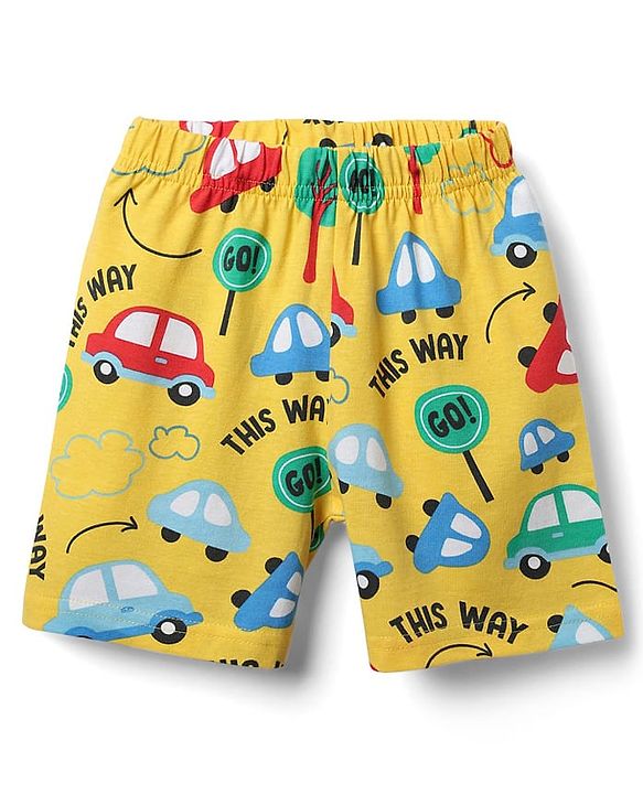 Babyhug Cotton Knit Half Sleeves Co-ords Shorts Night Suit With Vehicle Print - Yellow