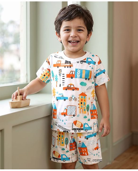 Babyhug Cotton Knit Half Sleeves Co-ords Shorts Night Suit With Vehicle Print - White