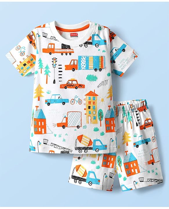 Babyhug Cotton Knit Half Sleeves Co-ords Shorts Night Suit With Vehicle Print - White