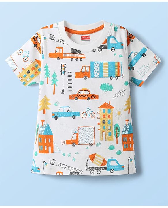 Babyhug Cotton Knit Half Sleeves Co-ords Shorts Night Suit With Vehicle Print - White