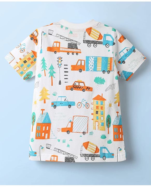 Babyhug Cotton Knit Half Sleeves Co-ords Shorts Night Suit With Vehicle Print - White