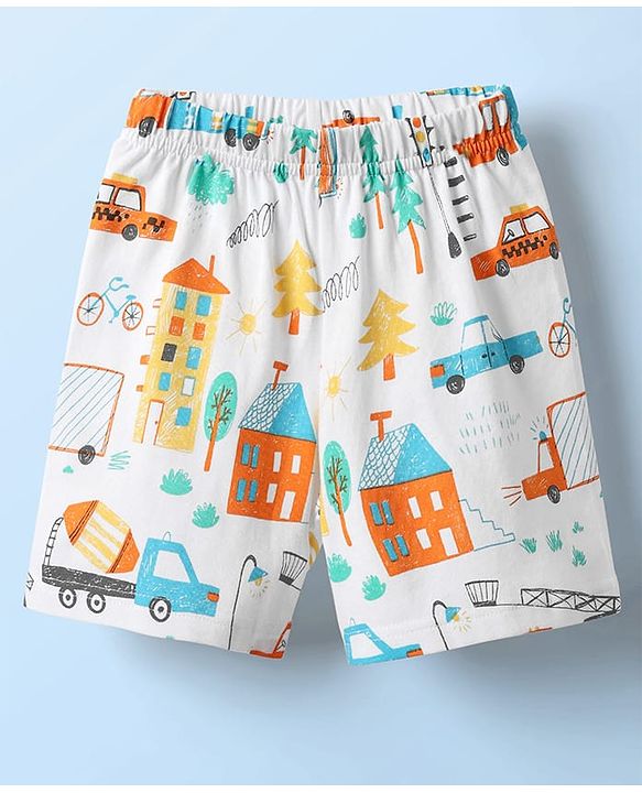 Babyhug Cotton Knit Half Sleeves Co-ords Shorts Night Suit With Vehicle Print - White