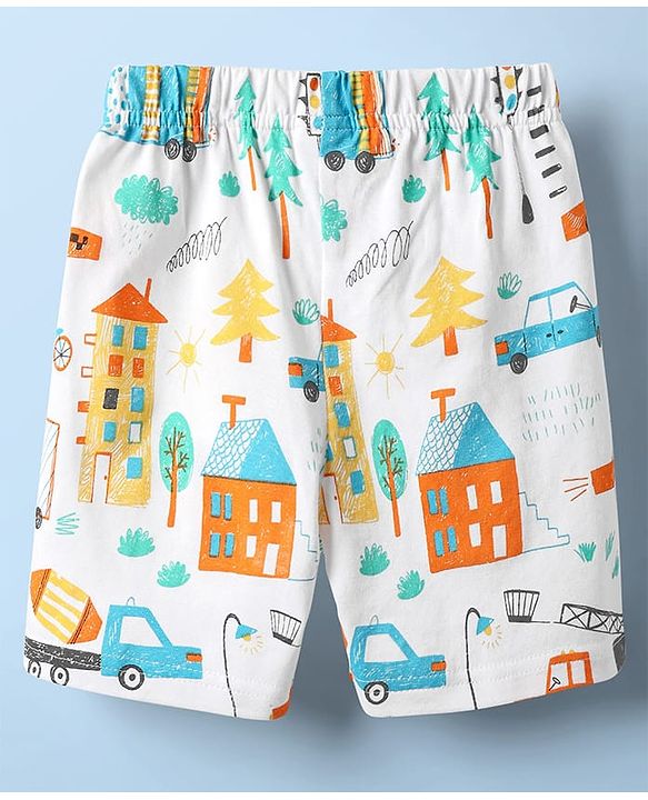 Babyhug Cotton Knit Half Sleeves Co-ords Shorts Night Suit With Vehicle Print - White