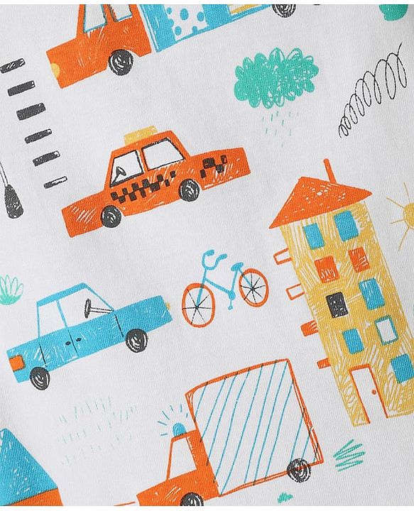 Babyhug Cotton Knit Half Sleeves Co-ords Shorts Night Suit With Vehicle Print - White