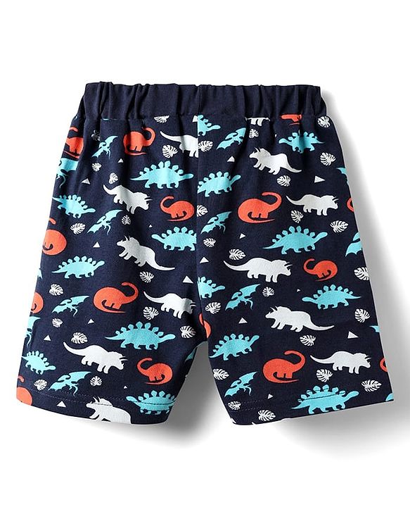 Babyhug Cotton Knit Half Sleeves Shorts Night Suit With Dino Print - Navy Blue