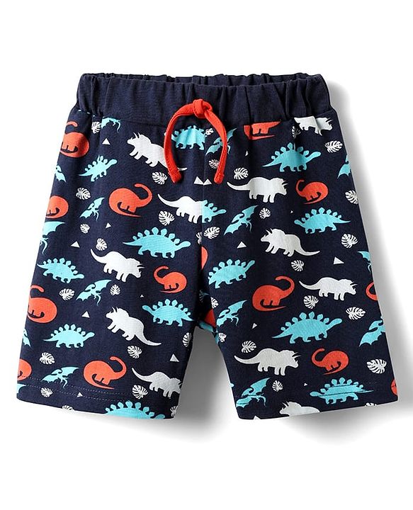 Babyhug Cotton Knit Half Sleeves Shorts Night Suit With Dino Print - Navy Blue