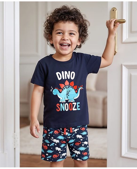 Babyhug Cotton Knit Half Sleeves Shorts Night Suit With Dino Print - Navy Blue