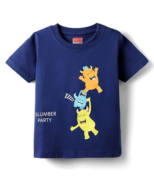 Babyhug Cotton Knit Half Sleeves Shorts Night Suit With Monsters Print - Navy Blue