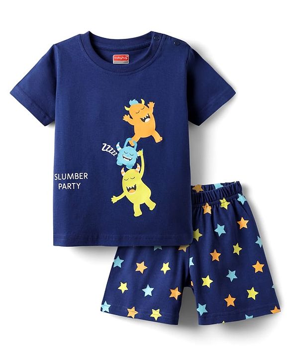 Babyhug Cotton Knit Half Sleeves Shorts Night Suit With Monsters Print - Navy Blue