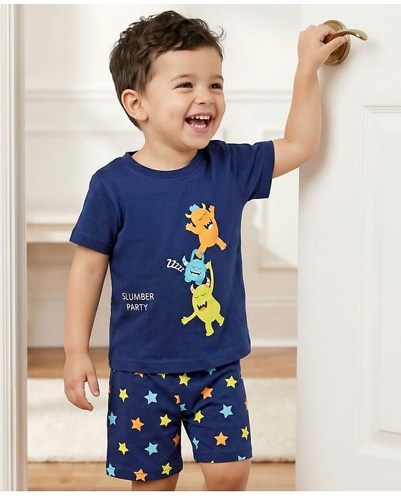 Babyhug Cotton Knit Half Sleeves Shorts Night Suit With Monsters Print - Navy Blue