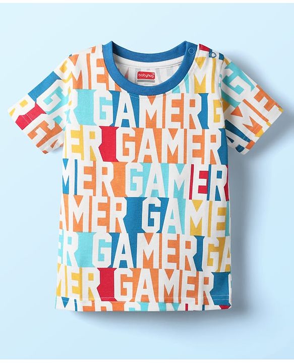 Babyhug Cotton Knit Half Sleeves Co-ords Shorts Night Suit With Gamer Text Print - Multicolor