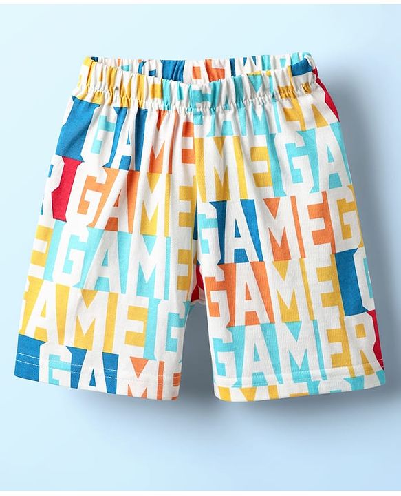 Babyhug Cotton Knit Half Sleeves Co-ords Shorts Night Suit With Gamer Text Print - Multicolor