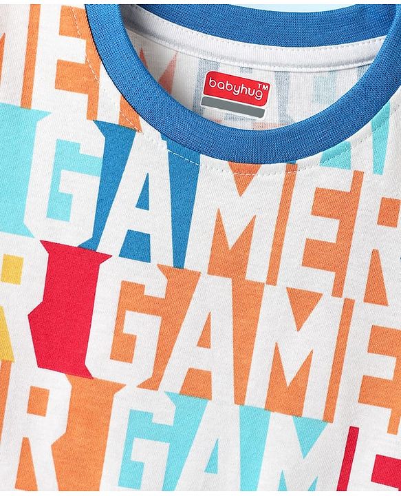 Babyhug Cotton Knit Half Sleeves Co-ords Shorts Night Suit With Gamer Text Print - Multicolor