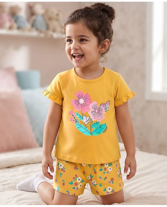 Babyhug Cotton Knit Half Sleeves  Shorts Night Suit With Floral Print - Yellow