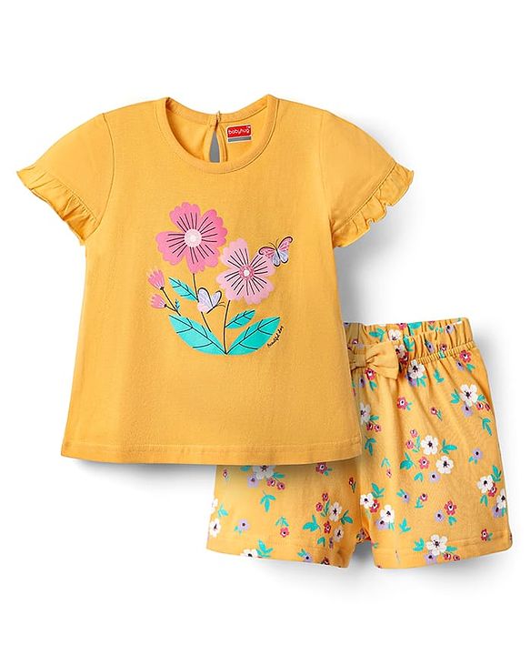 Babyhug Cotton Knit Half Sleeves  Shorts Night Suit With Floral Print - Yellow