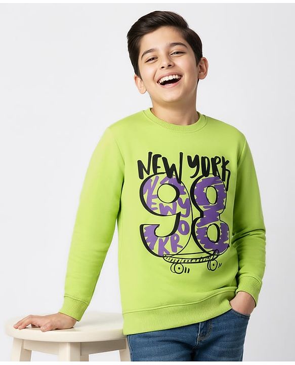 Pine Kids Cotton Knit Full Sleeves Sweatshirt With Text Print - Light Green