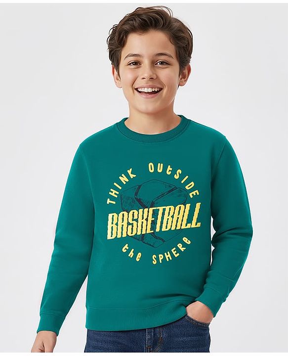 Pine Kids Knit Full Sleeves Sweatshirt With Basketball Print - Mint Green