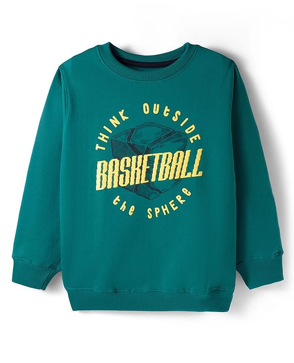 Pine Kids Knit Full Sleeves Sweatshirt With Basketball Print - Mint Green