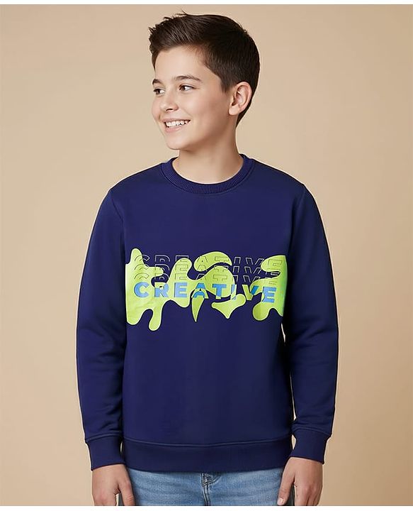 Pine Kids Knit Full Sleeves Sweatshirt With Creative Print - Navy Blue