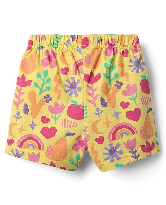 Babyhug Cotton Knit Frill Sleeves Shorts Night Suit With Floral Print - Yellow