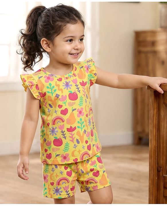 Babyhug Cotton Knit Frill Sleeves Shorts Night Suit With Floral Print - Yellow