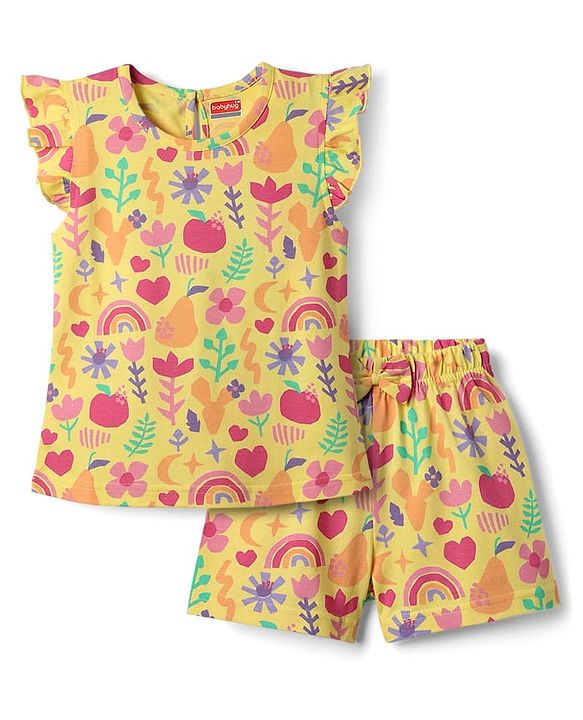 Babyhug Cotton Knit Frill Sleeves Shorts Night Suit With Floral Print - Yellow