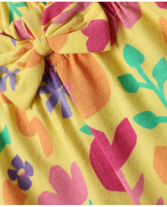 Babyhug Cotton Knit Frill Sleeves Shorts Night Suit With Floral Print - Yellow