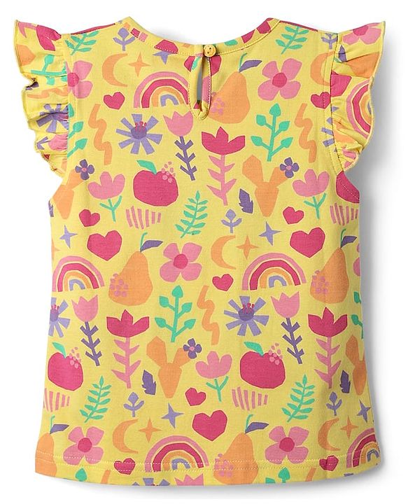 Babyhug Cotton Knit Frill Sleeves Shorts Night Suit With Floral Print - Yellow