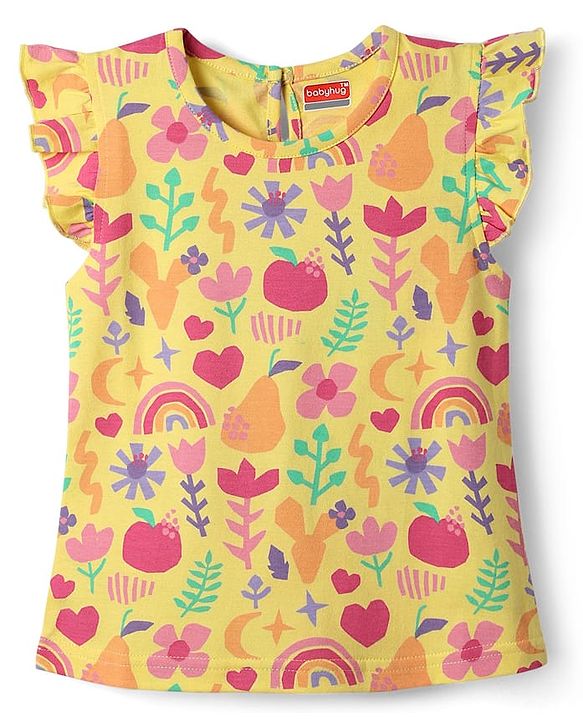 Babyhug Cotton Knit Frill Sleeves Shorts Night Suit With Floral Print - Yellow
