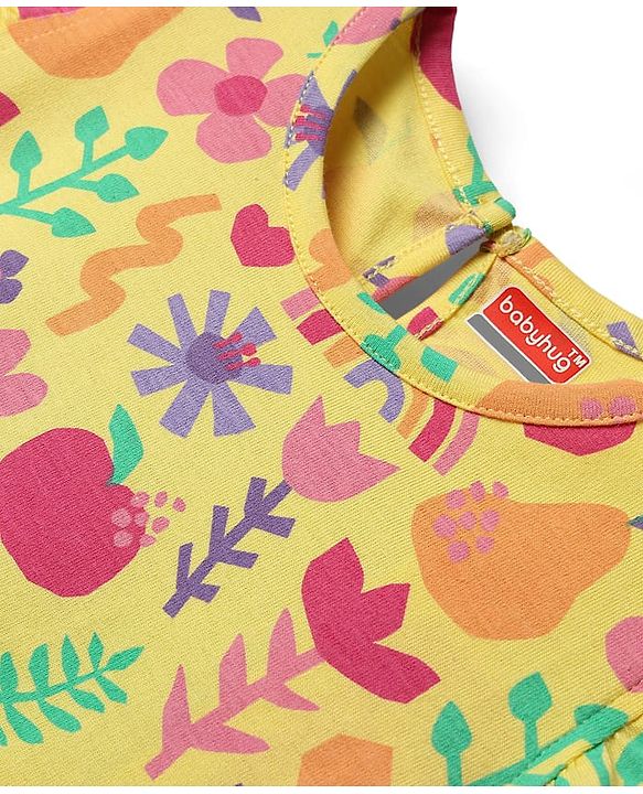 Babyhug Cotton Knit Frill Sleeves Shorts Night Suit With Floral Print - Yellow