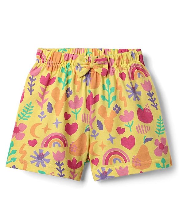 Babyhug Cotton Knit Frill Sleeves Shorts Night Suit With Floral Print - Yellow
