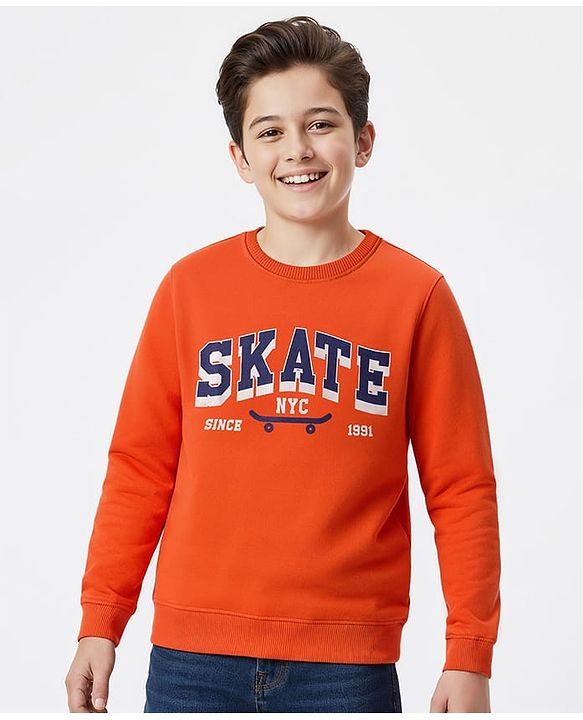 Pine Kids Knit Full Sleeves Sweatshirt With Skateboarding Print - Rust Orange