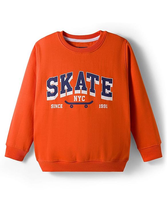 Pine Kids Knit Full Sleeves Sweatshirt With Skateboarding Print - Rust Orange