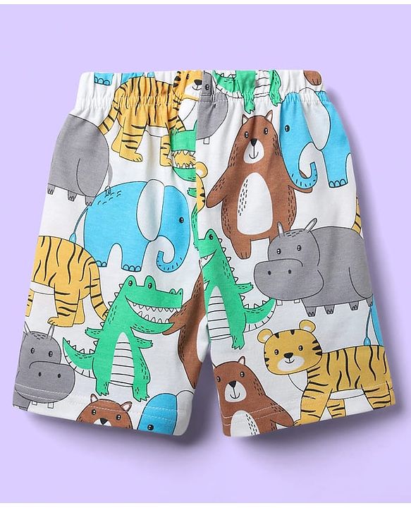 Babyhug Cotton Knit Half Sleeves Co-ords Shorts Night Suit With Vehicle Print - Multicolor