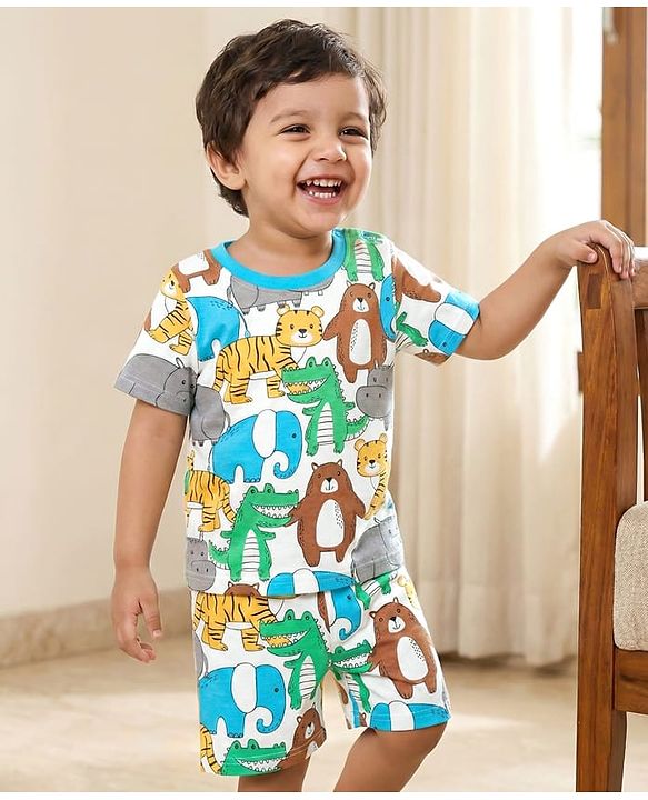 Babyhug Cotton Knit Half Sleeves Co-ords Shorts Night Suit With Vehicle Print - Multicolor
