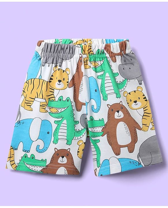 Babyhug Cotton Knit Half Sleeves Co-ords Shorts Night Suit With Vehicle Print - Multicolor