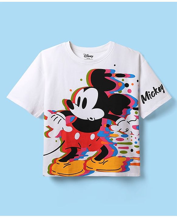 Pine Kids Disney Terry Knit  Half Sleeves Drop Shoulder T-Shirt With Mickey Mouse Graphics - White